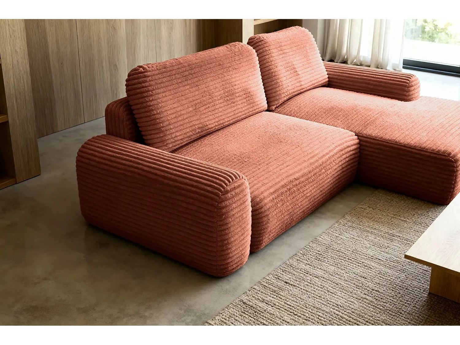 OLYMPE - Canapé d'angle velours cotelé 4 places - Terracotta - Gauche