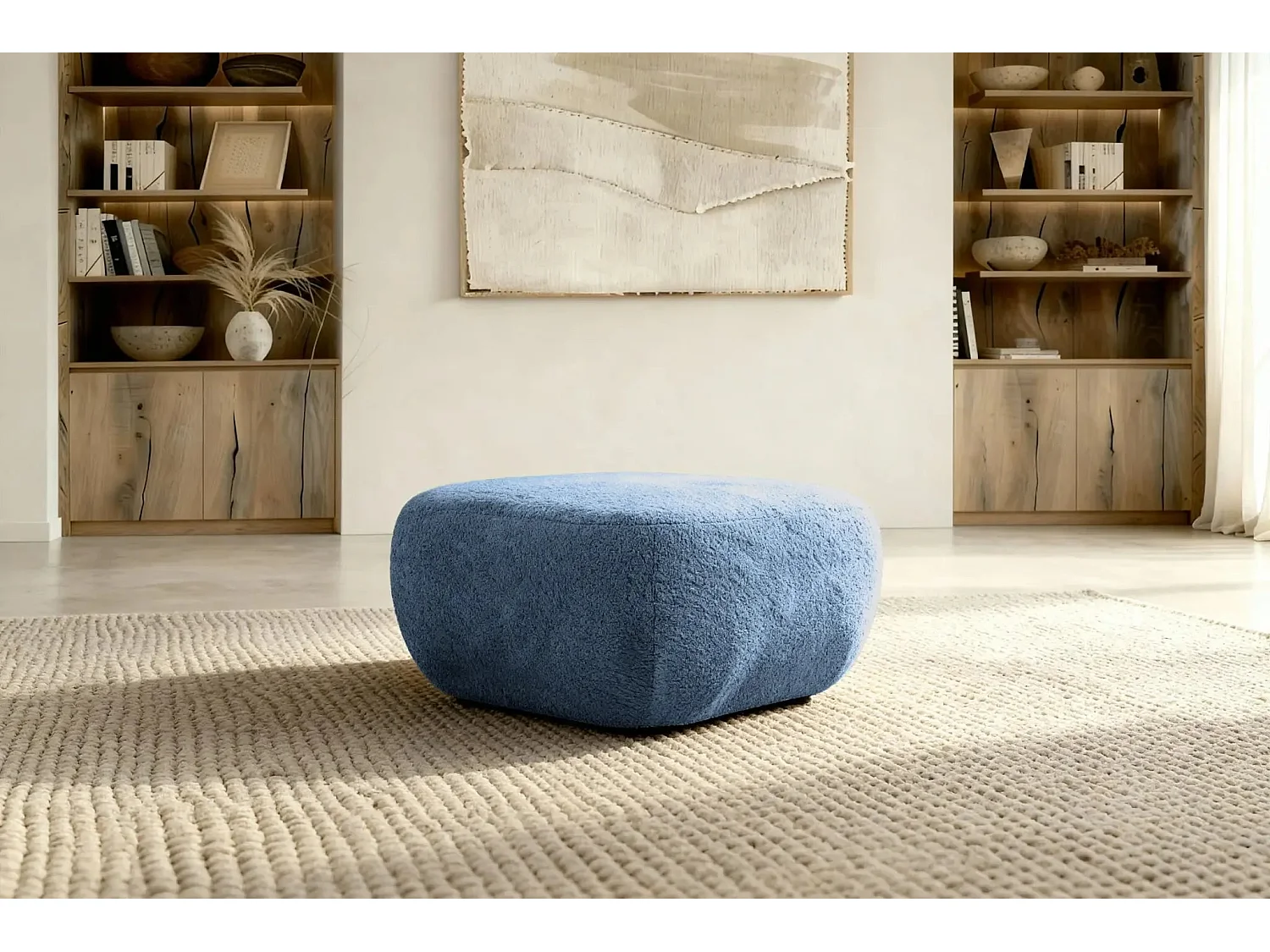 SANTIAGO - Pouf tissu bouclette - Bleu