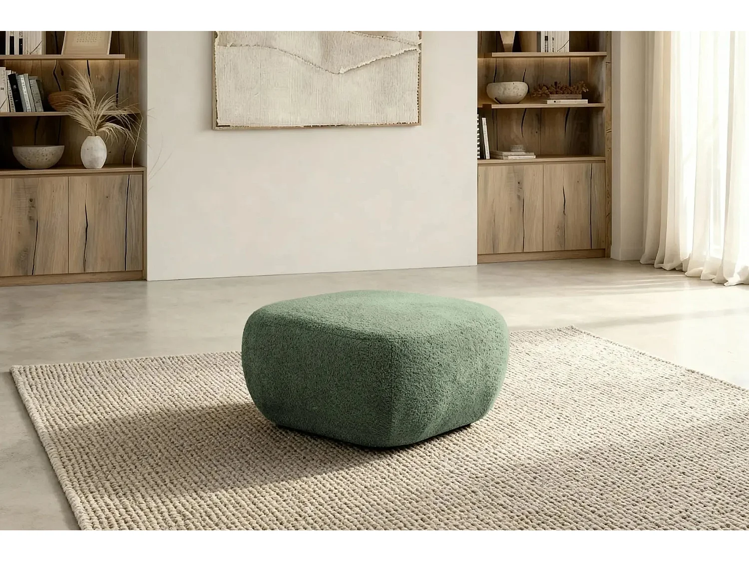 SANTIAGO - Pouf en tissu bouclette Vert 75x75x39