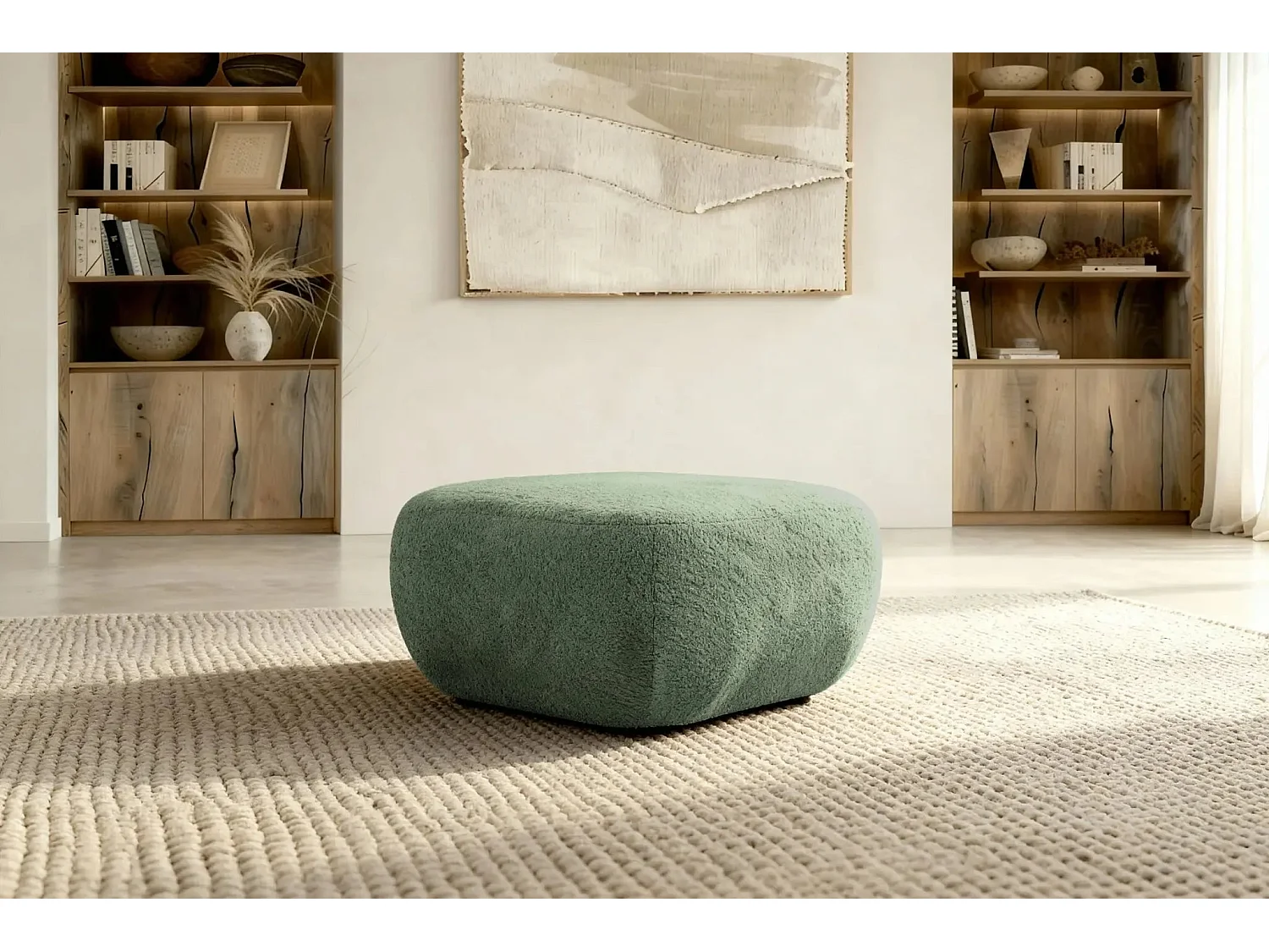 SANTIAGO - Pouf en tissu bouclette Vert 75x75x39