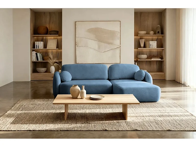 SANTIAGO - Canapé d'angle tissu bouclette 4 places - Bleu - Gauche