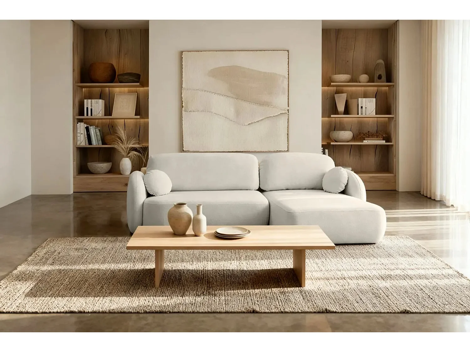 SANTIAGO - Canapé d'angle tissu bouclette - Beige - Gauche