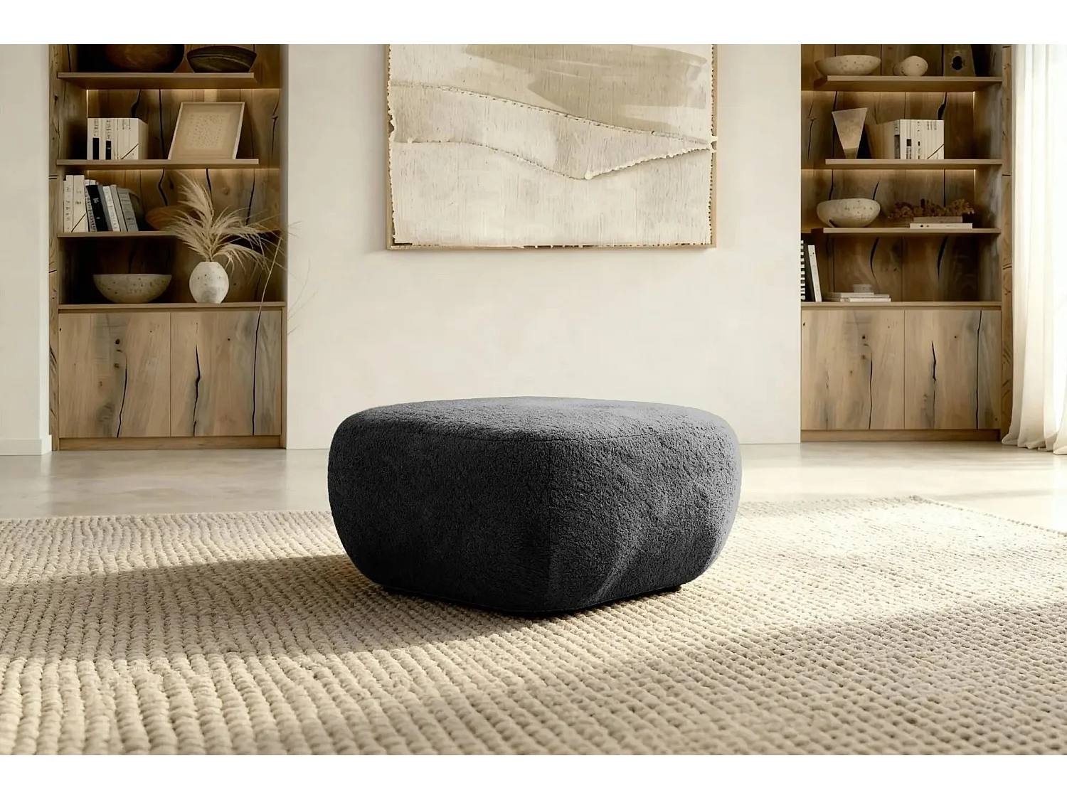SANTIAGO - Pouf en tissu bouclette Noir 75x75x39