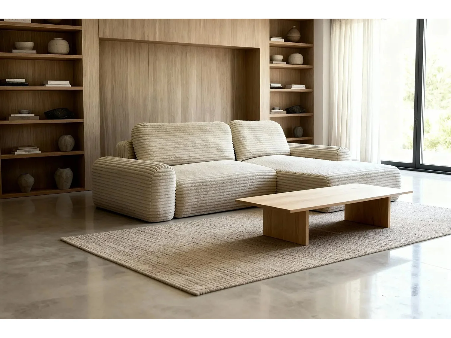 OLYMPE - Canapé d'angle velours cotelé - Beige - Gauche