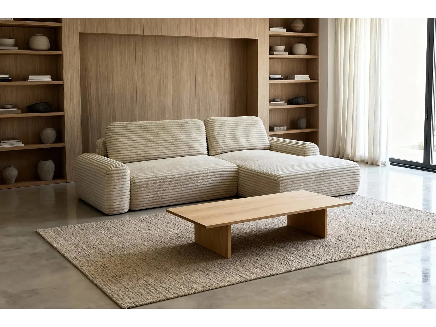 OLYMPE - Canapé d'angle velours cotelé 4 places - Beige - Gauche