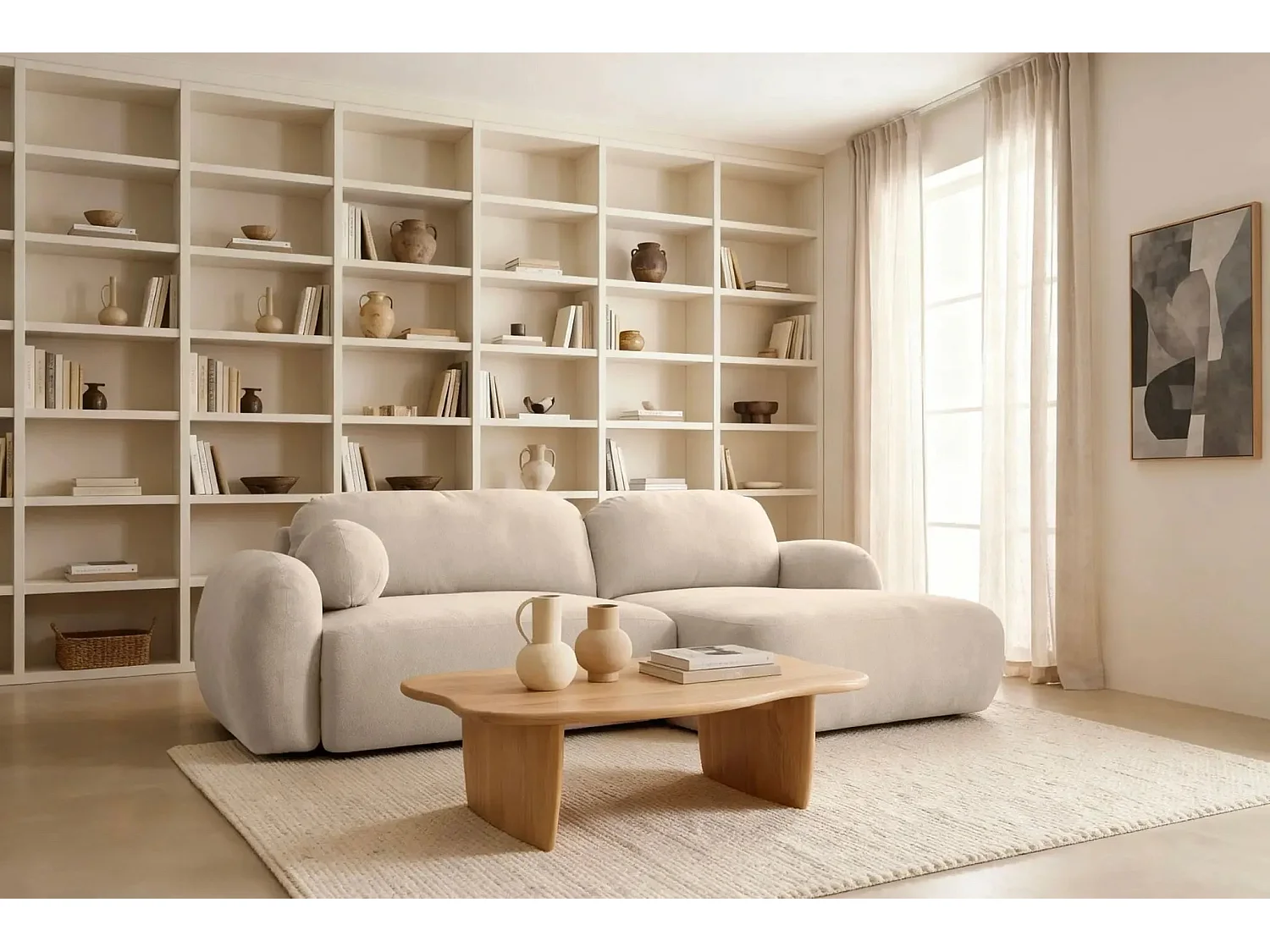 MARTIN - Canapé d'angle 3 places tissu chenille - Beige - Gauche