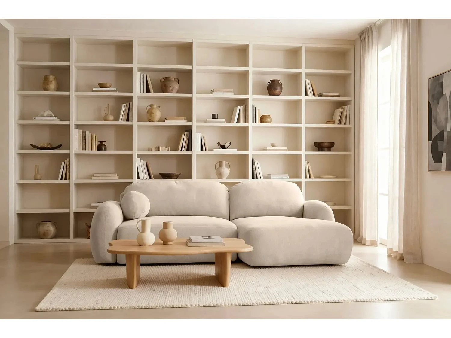 MARTIN - Canapé d'angle 3 places tissu chenille - Beige - Gauche