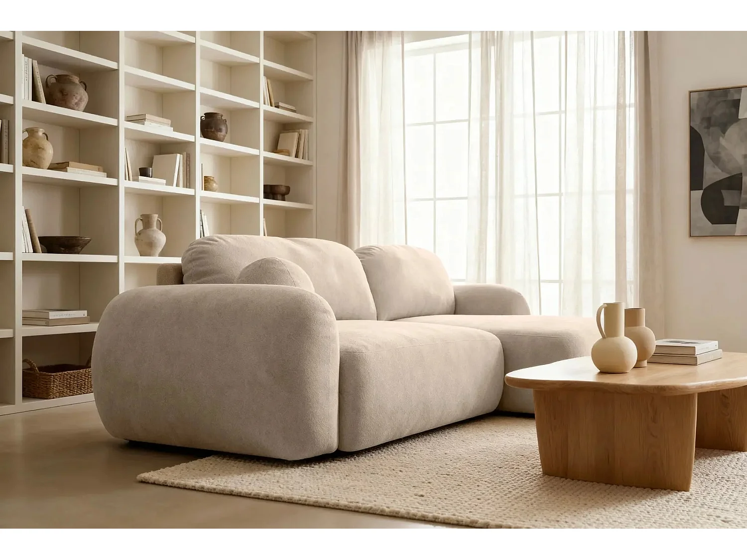 MARTIN - Canapé d'angle 3 places tissu chenille - Beige - Gauche