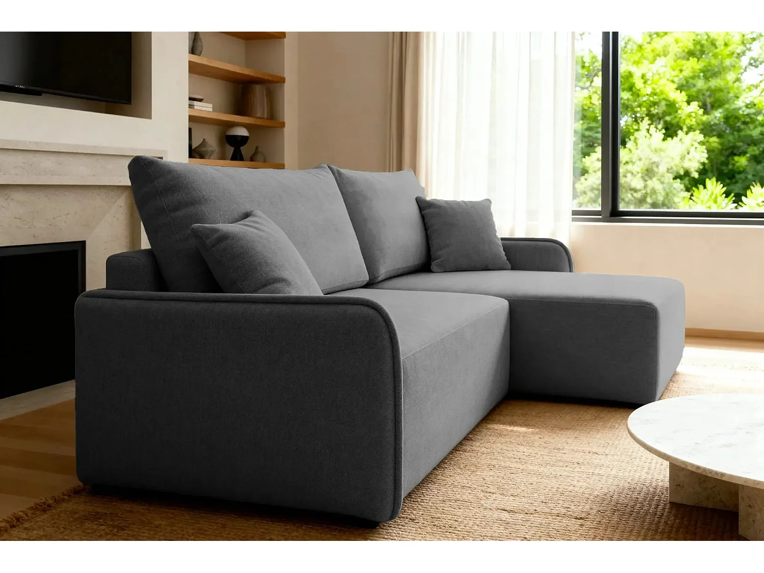 SACHA - Canapé d'angle tissu chiné 4 places - Gris Foncé - Gauche