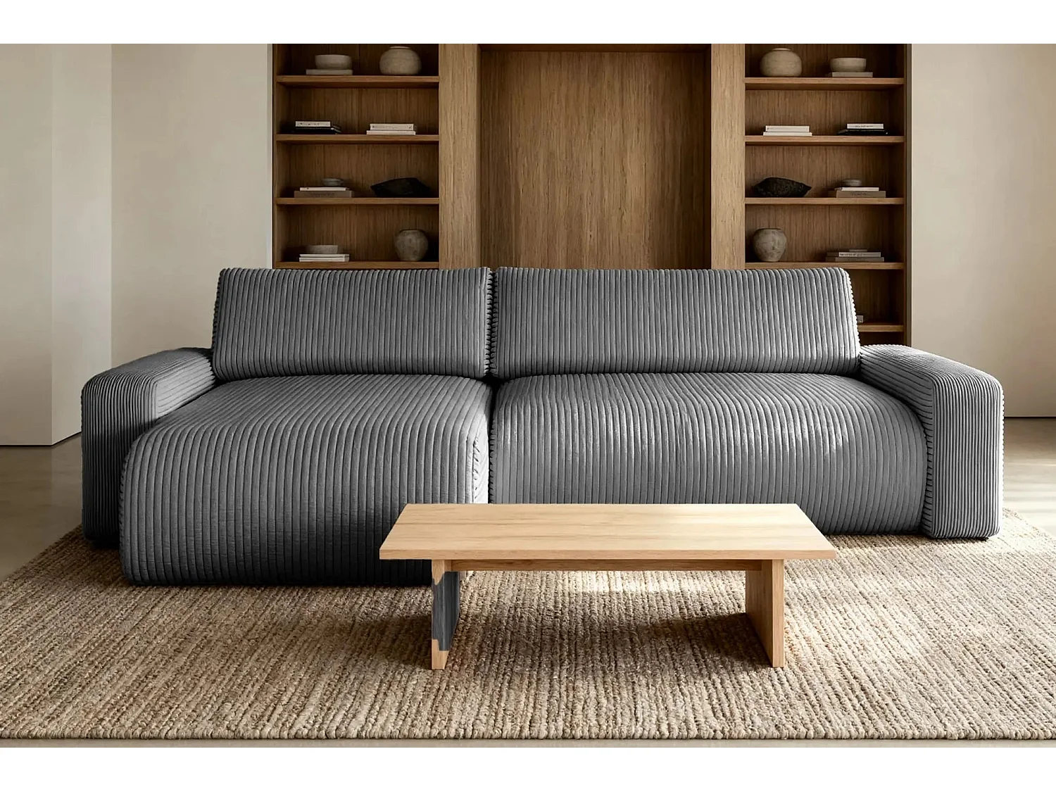 LUCIE - Canapé d'angle velours cotelé 4 places - Gris Foncé