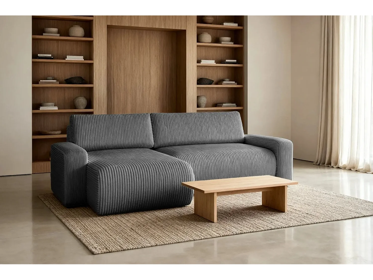 LUCIE - Canapé d'angle velours cotelé 4 places - Gris Foncé