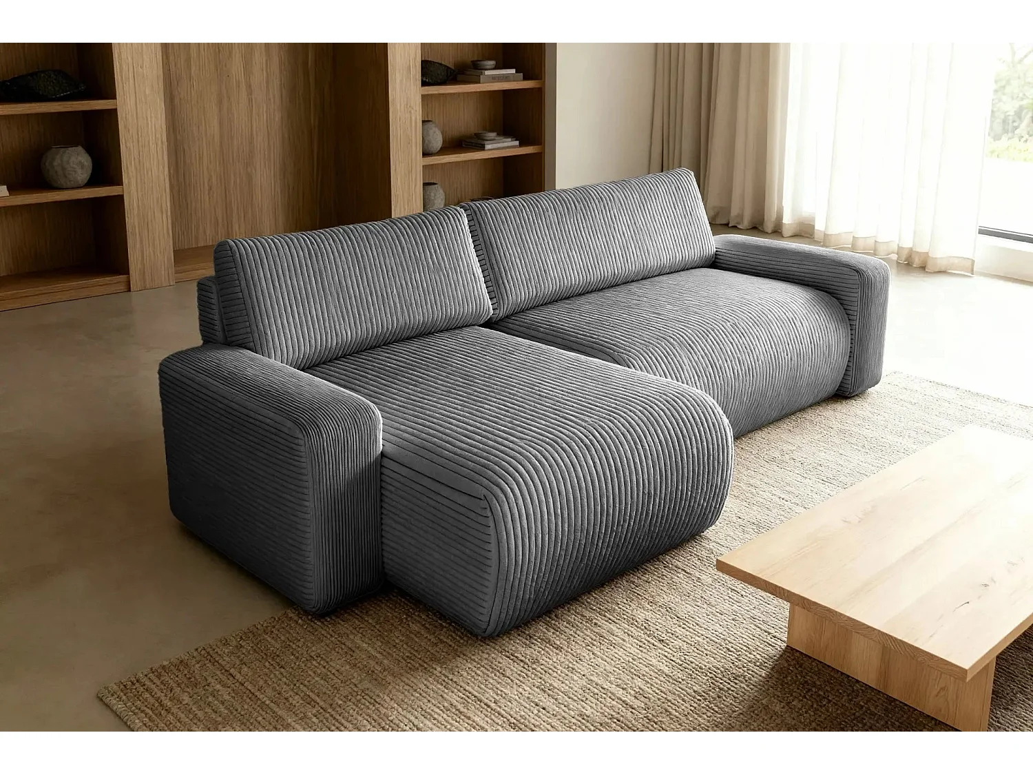 LUCIE - Canapé d'angle velours cotelé 4 places - Gris Foncé