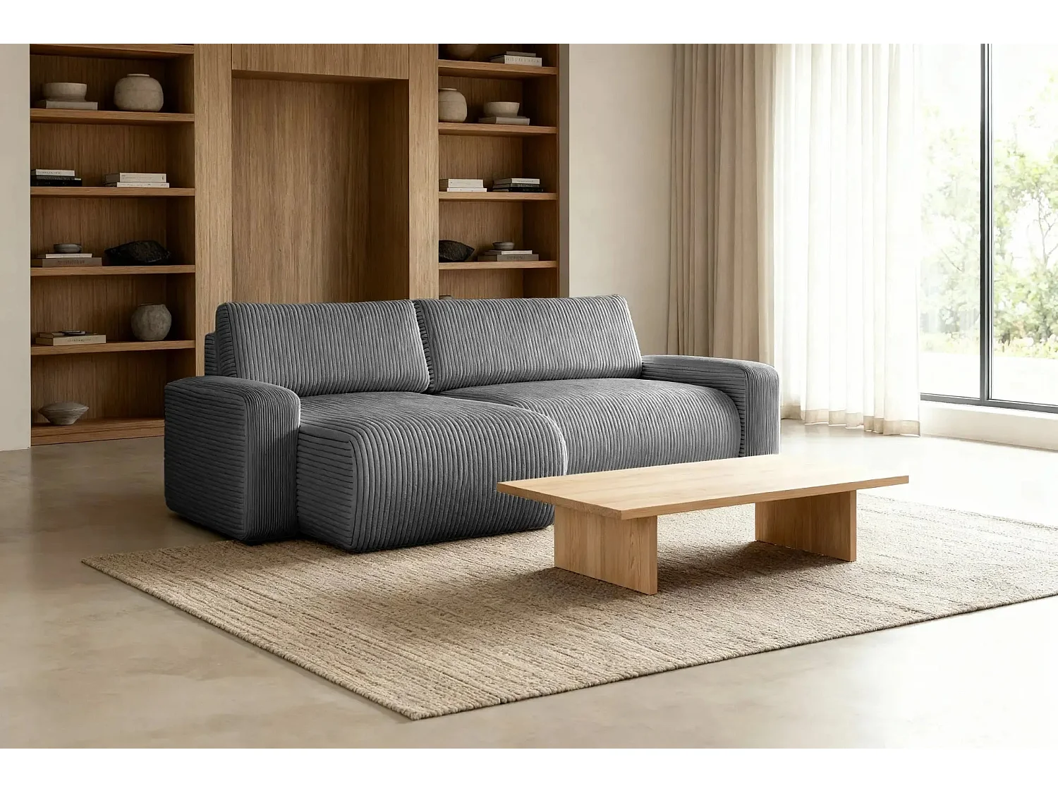 LUCIE - Canapé d'angle velours cotelé 4 places - Gris Foncé