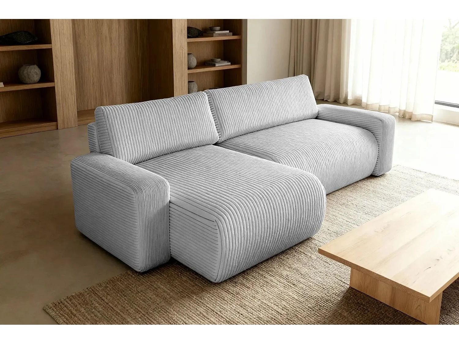 LUCIE - Canapé d'angle velours cotelé 4 places - Gris Clair