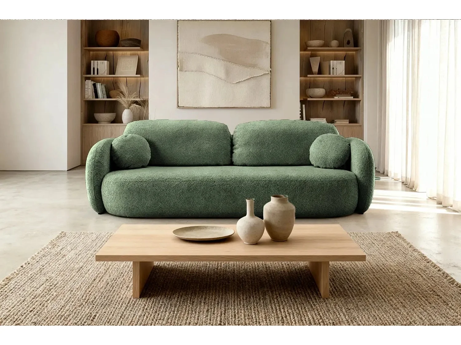 SANTIAGO - Canapé droit tissu bouclette - Vert