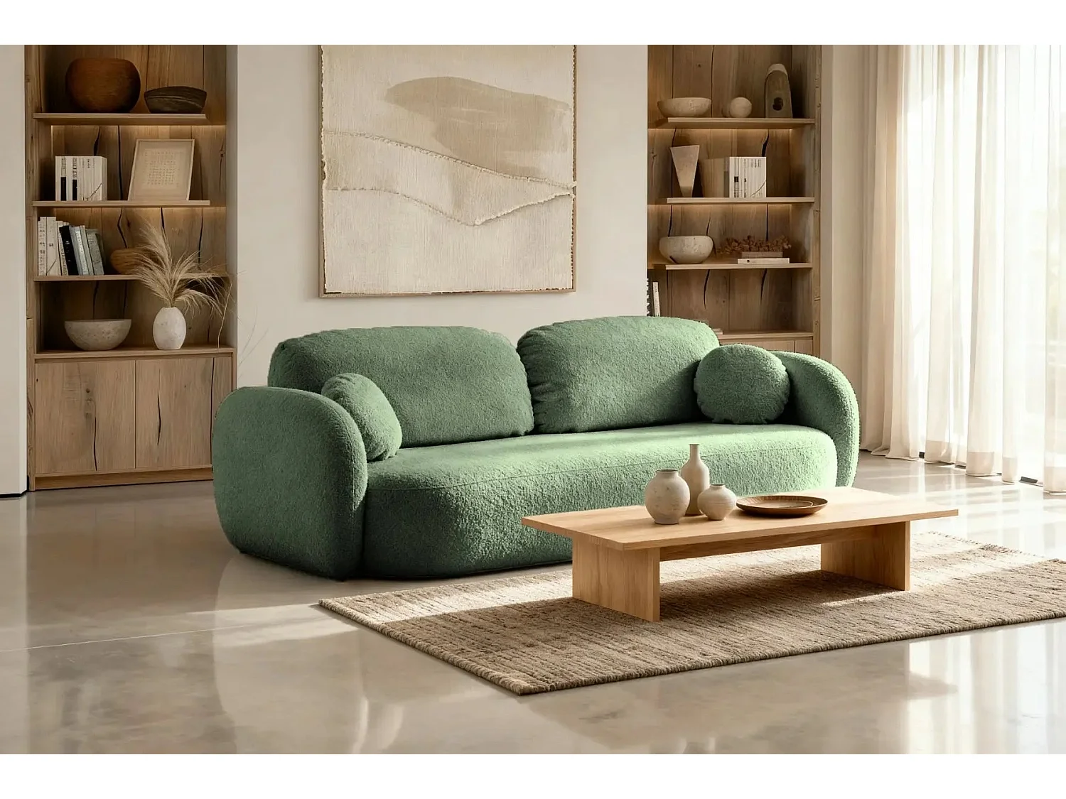 SANTIAGO - Canapé droit tissu bouclette 3 places - Vert