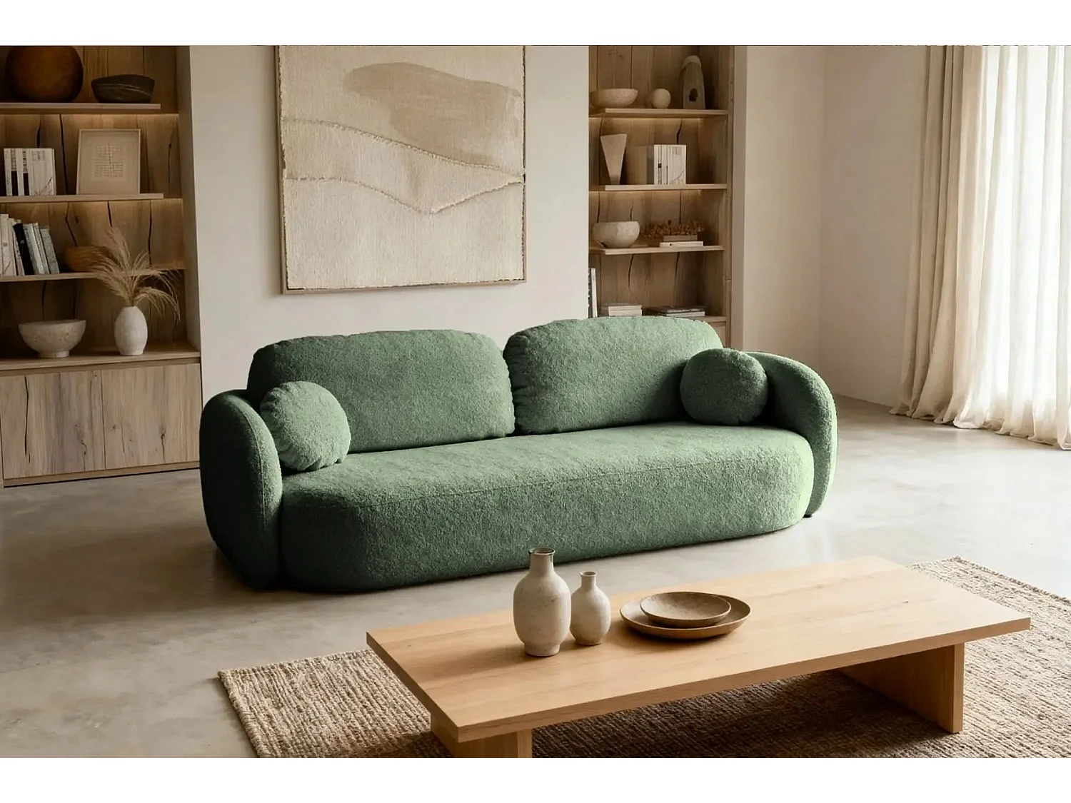 SANTIAGO - Canapé droit tissu bouclette 3 places - Vert