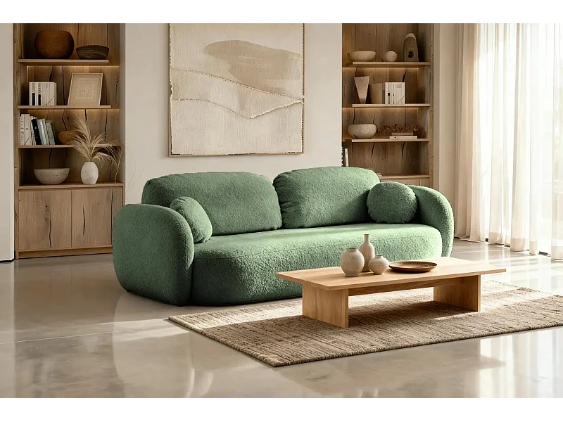 SANTIAGO - Canapé droit tissu bouclette 3 places - Vert