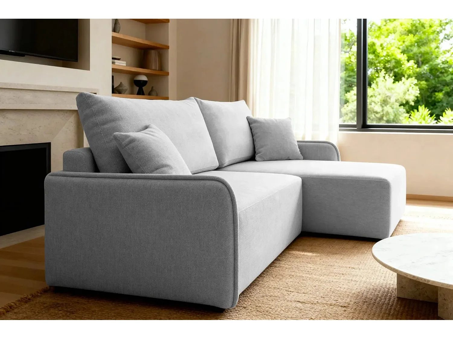 SACHA - Canapé d'angle tissu chiné - Gris Clair - Droit