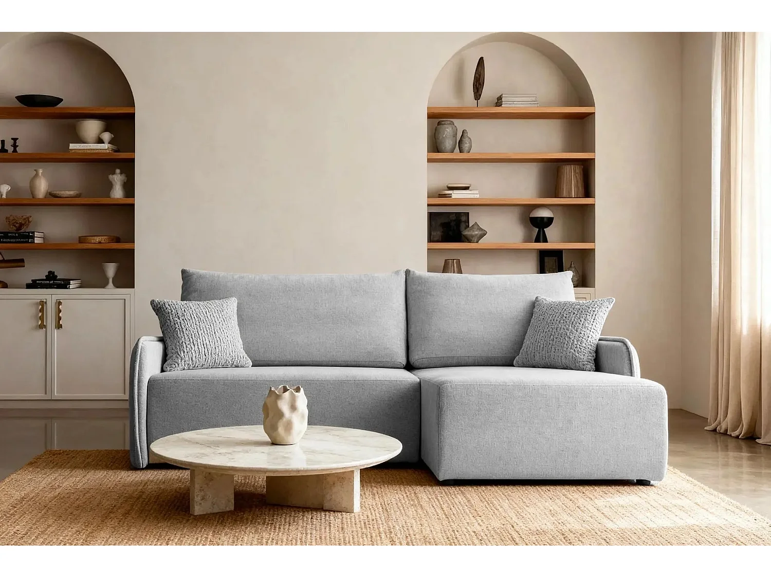 SACHA - Canapé d'angle tissu chiné 4 places - Gris Clair - Droit