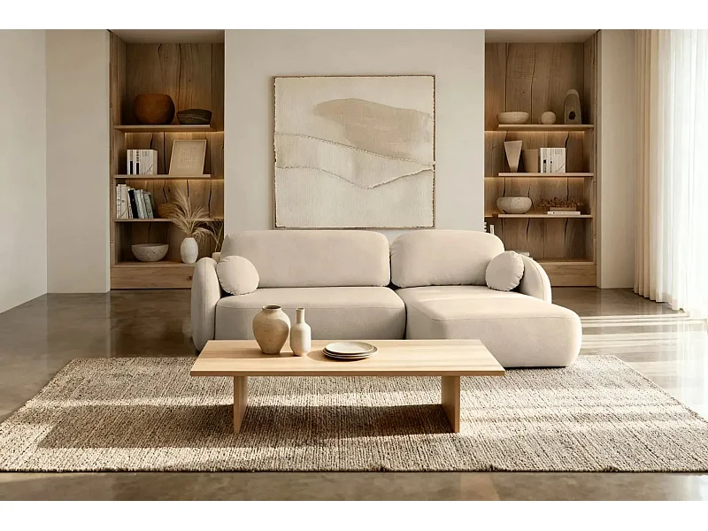 SANTIAGO - Canapé d'angle tissu bouclette 4 places - Taupe - Droit