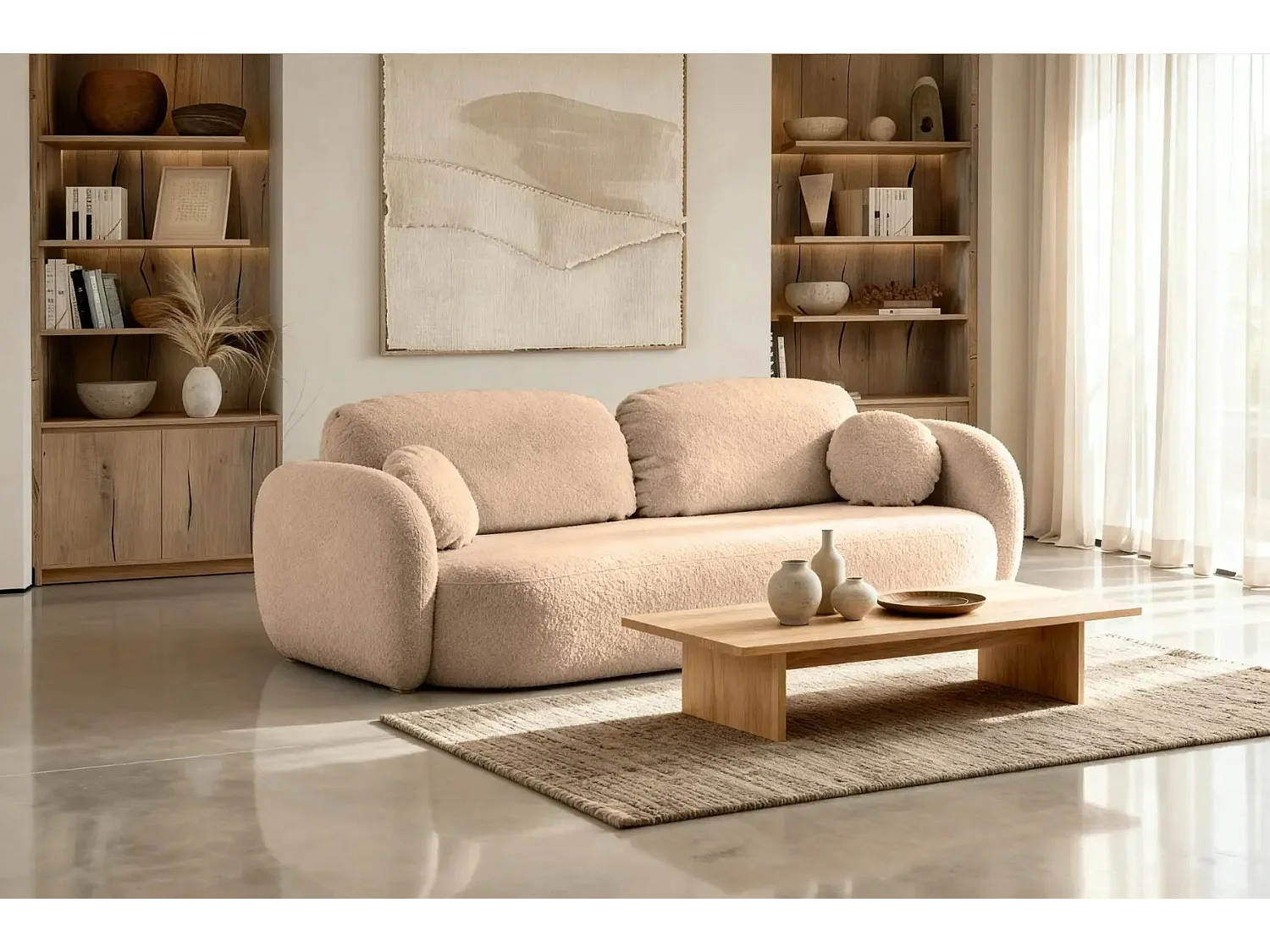 SANTIAGO - Canapé droit tissu bouclette - Café