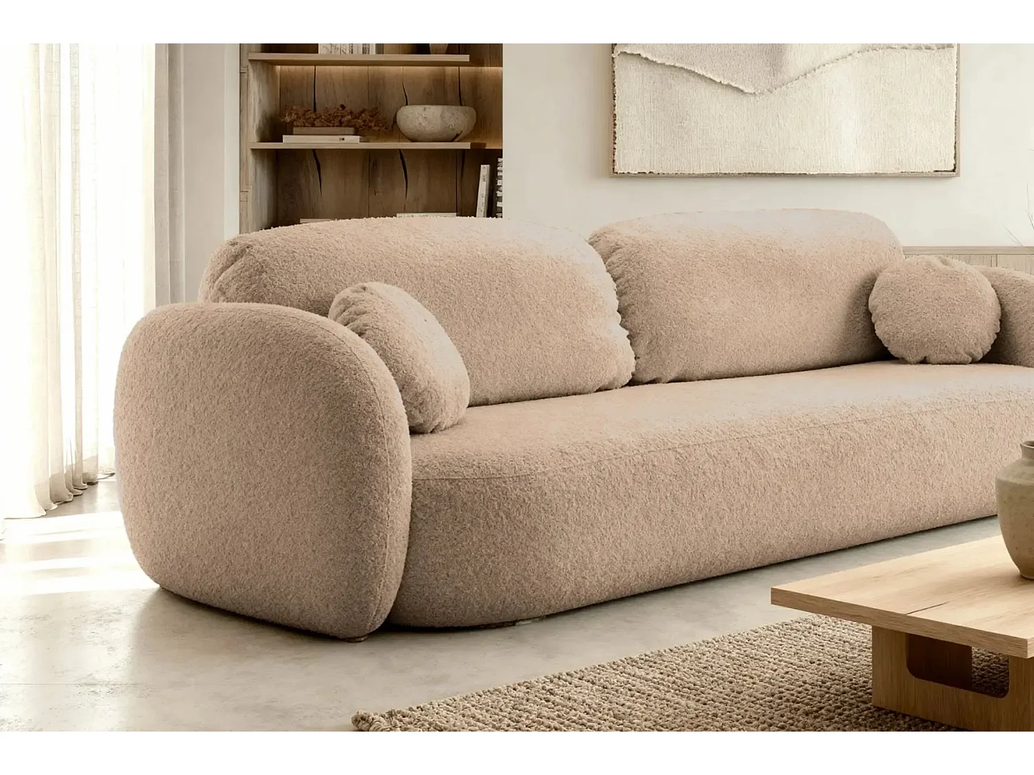 SANTIAGO - Canapé droit tissu bouclette - Café