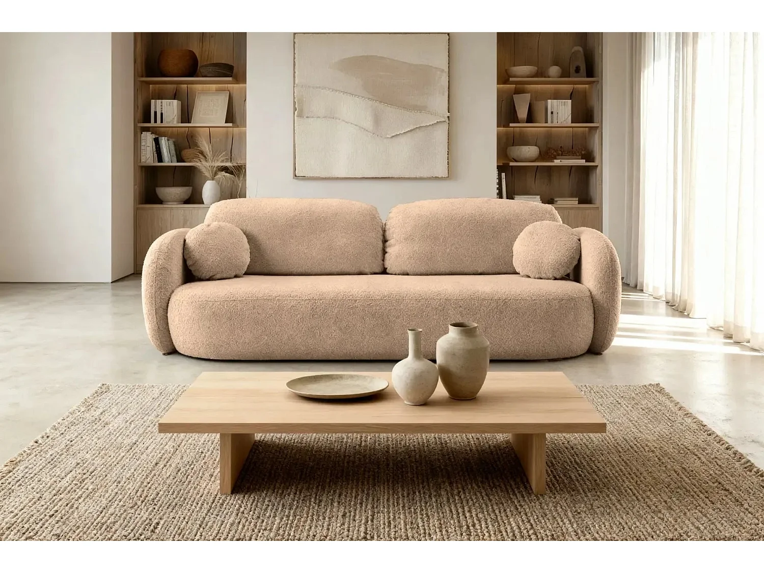 SANTIAGO - Canapé droit tissu bouclette 3 places - Café