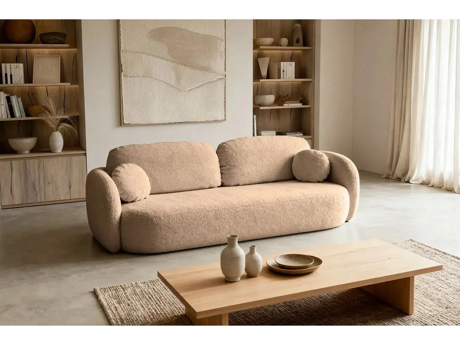 SANTIAGO - Canapé droit tissu bouclette 3 places - Café