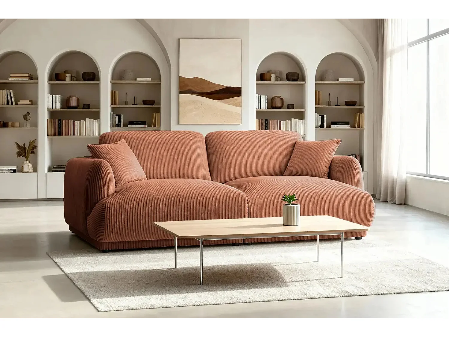 ROSALIE - Canapé droit 2 places velours cotelé - Terracotta