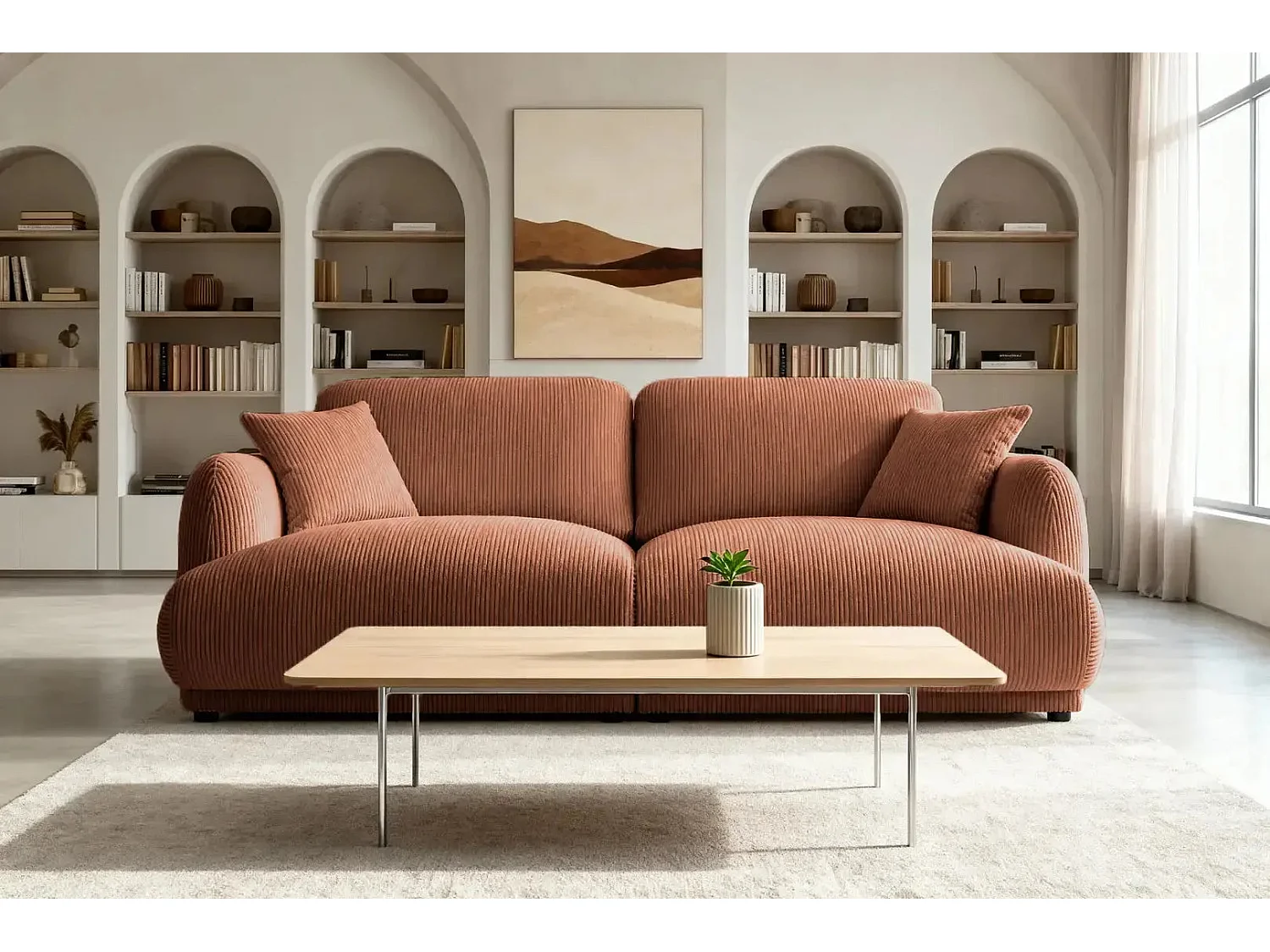 ROSALIE - Canapé droit 2 places velours cotelé - Terracotta