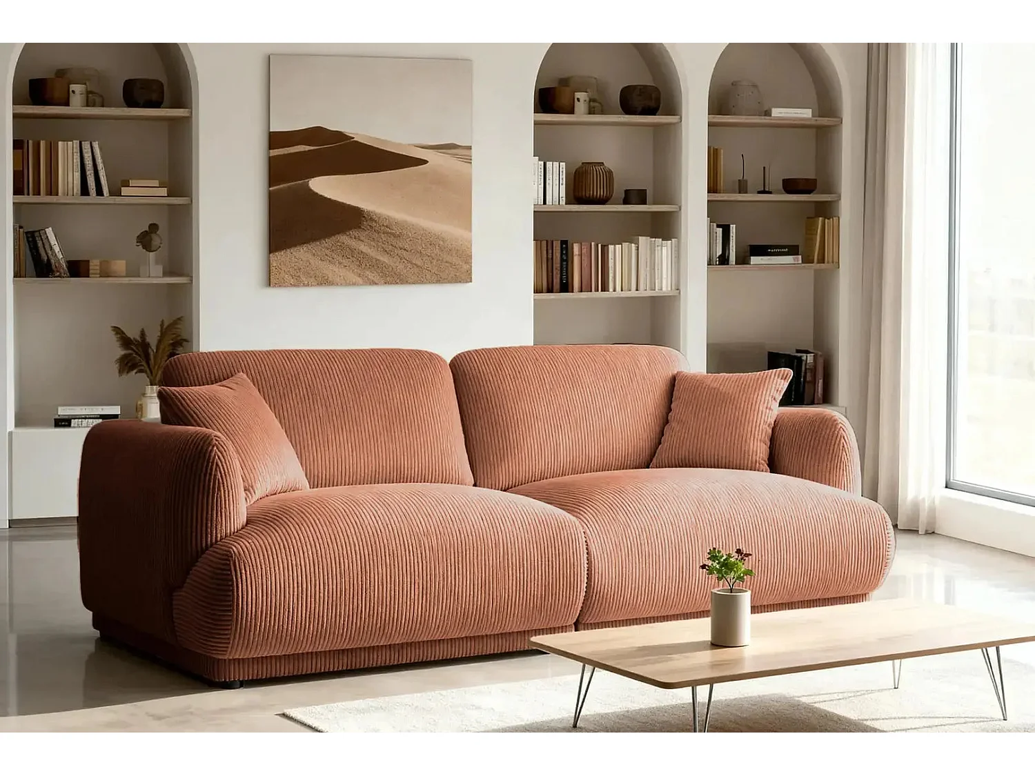 ROSALIE - Canapé droit 2 places velours cotelé - Terracotta