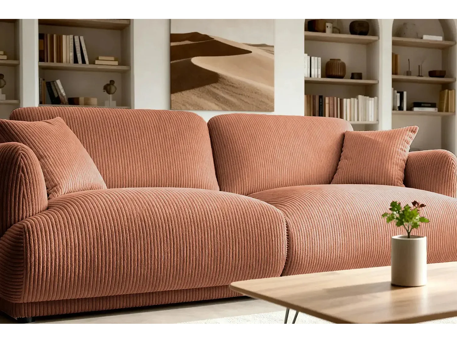 ROSALIE - Canapé droit 2 places velours cotelé 2 places - Terracotta