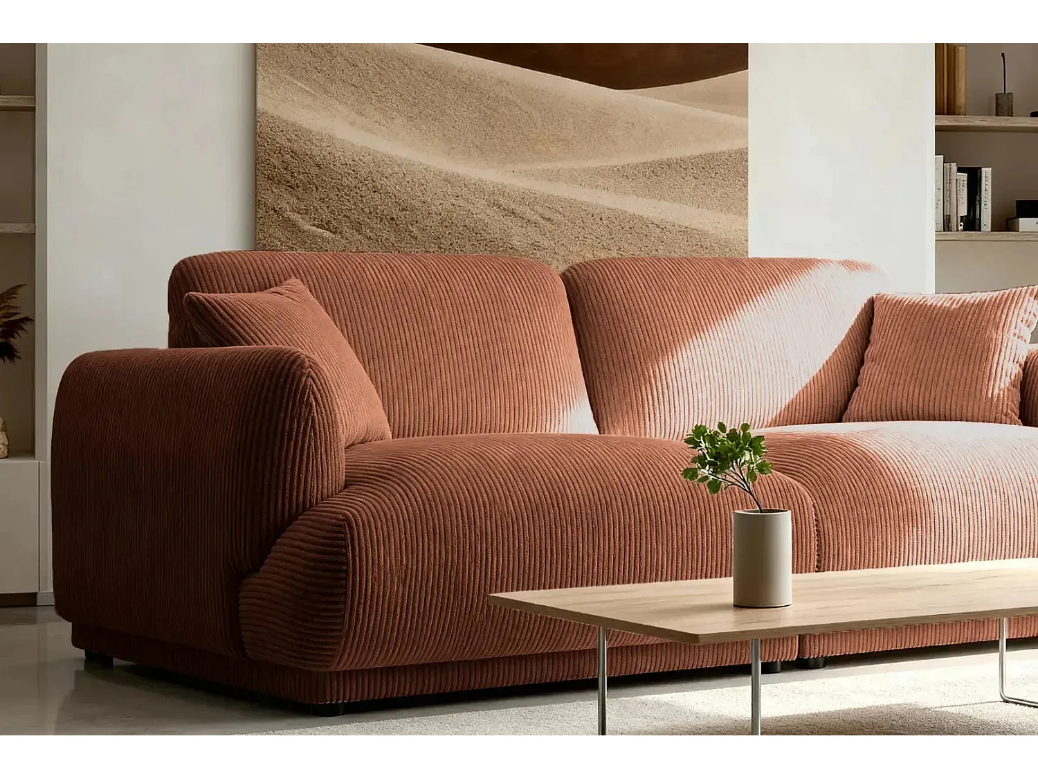 ROSALIE - Canapé droit 2 places velours cotelé 2 places - Terracotta
