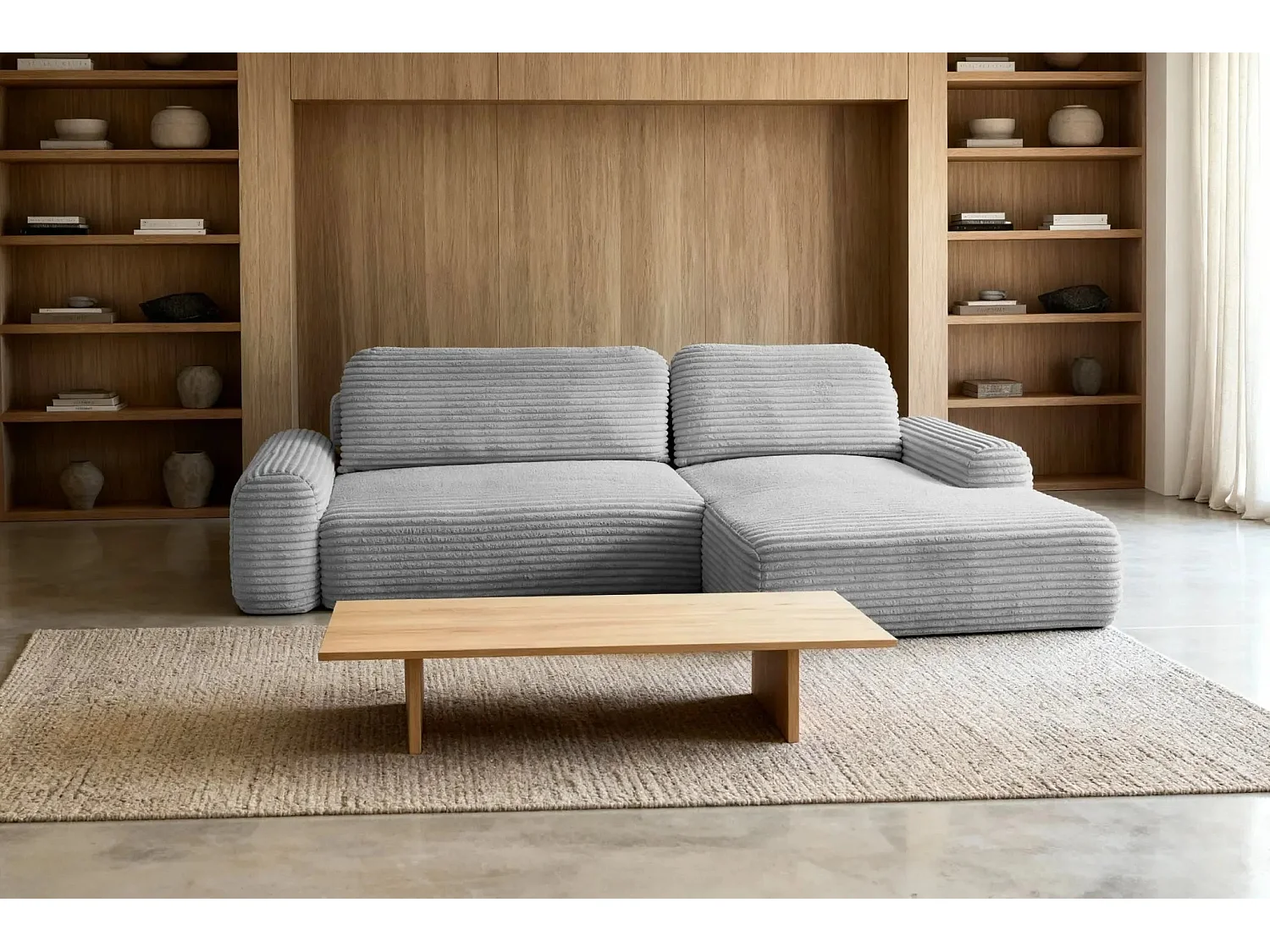 OLYMPE - Canapé d'angle velours cotelé 4 places - Gris Clair - Droit