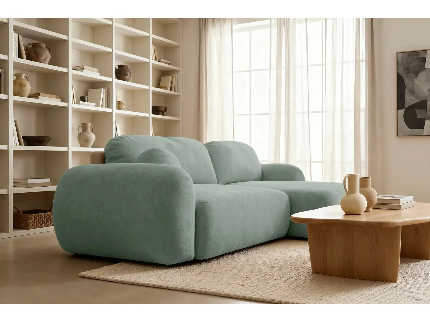 MARTIN - Canapé d'angle 3 places  tissu chenille - Vert - Droit