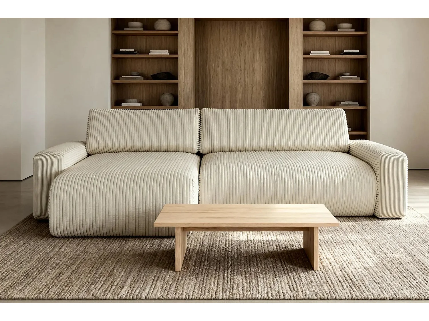 LUCIE - Canapé d'angle velours cotelé 4 places - Beige