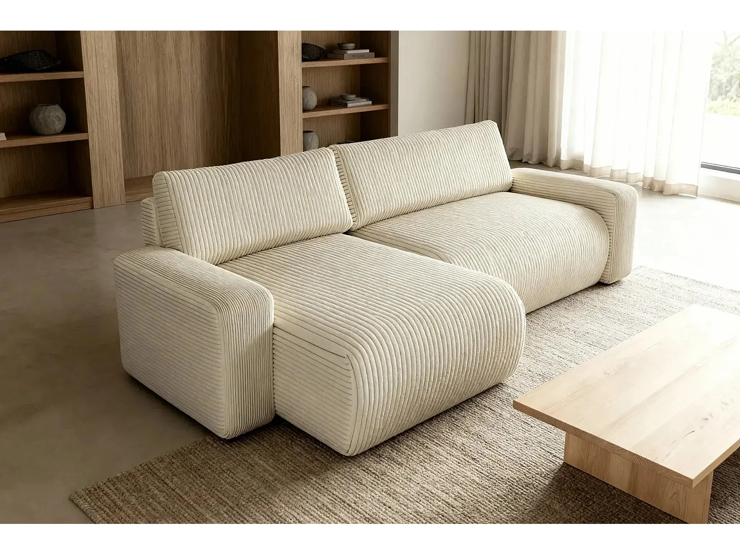 LUCIE - Canapé d'angle velours cotelé 4 places - Beige