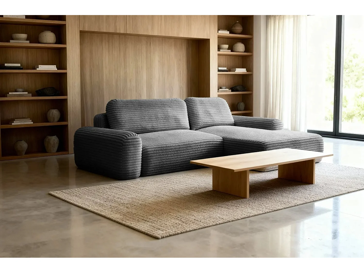 OLYMPE - Canapé d'angle velours cotelé 4 places - Gris Anthracite - Droit