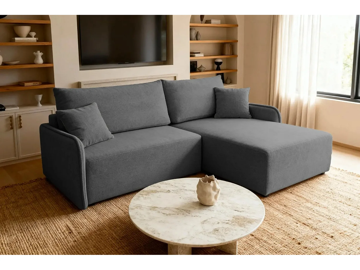 SACHA - Canapé d'angle tissu chiné 4 places - Gris Foncé - Droit