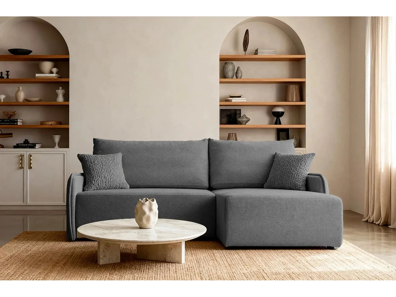 SACHA - Canapé d'angle tissu chiné 4 places - Gris Foncé - Droit