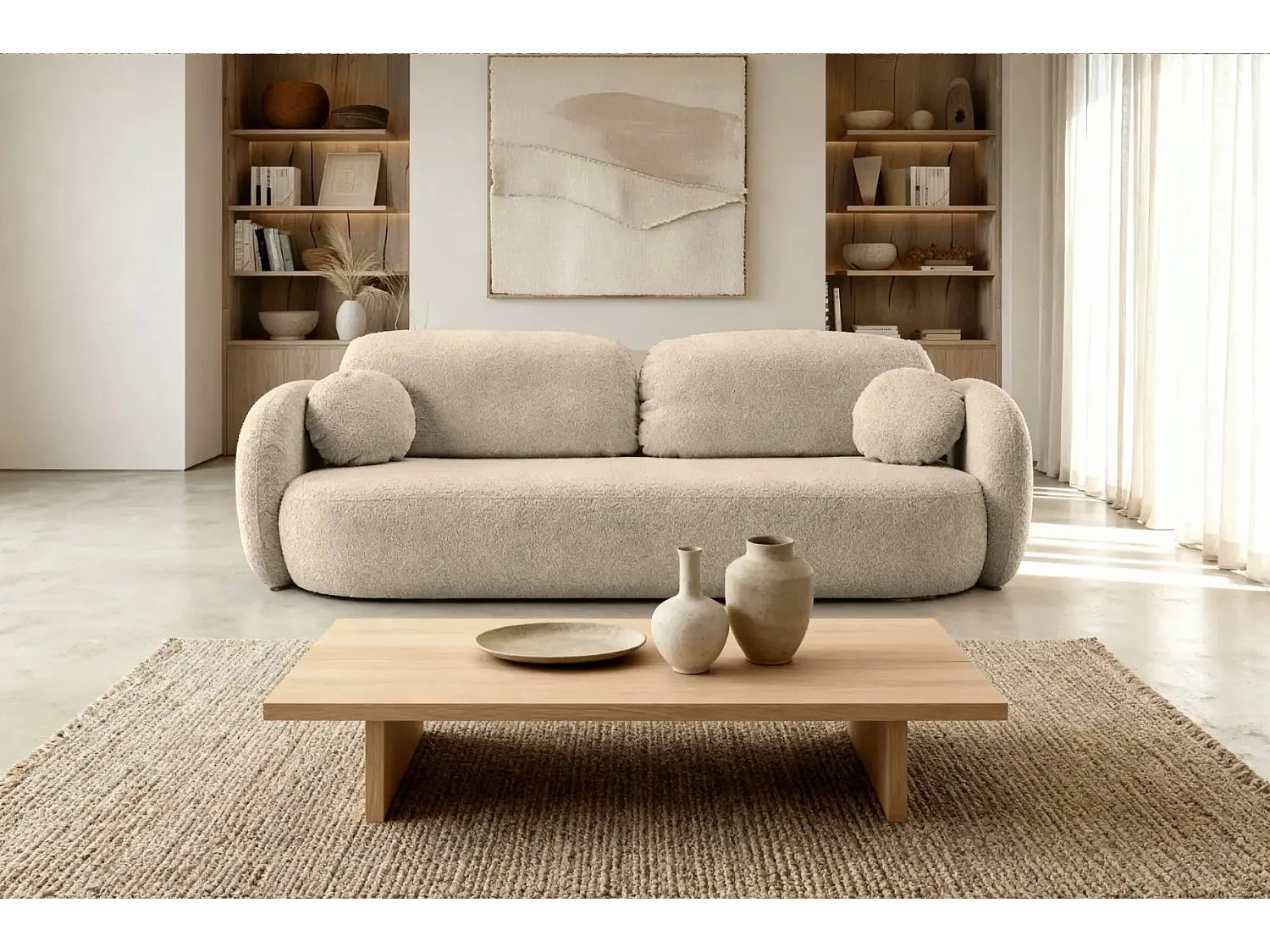 SANTIAGO - Canapé droit tissu bouclette 3 places - Taupe