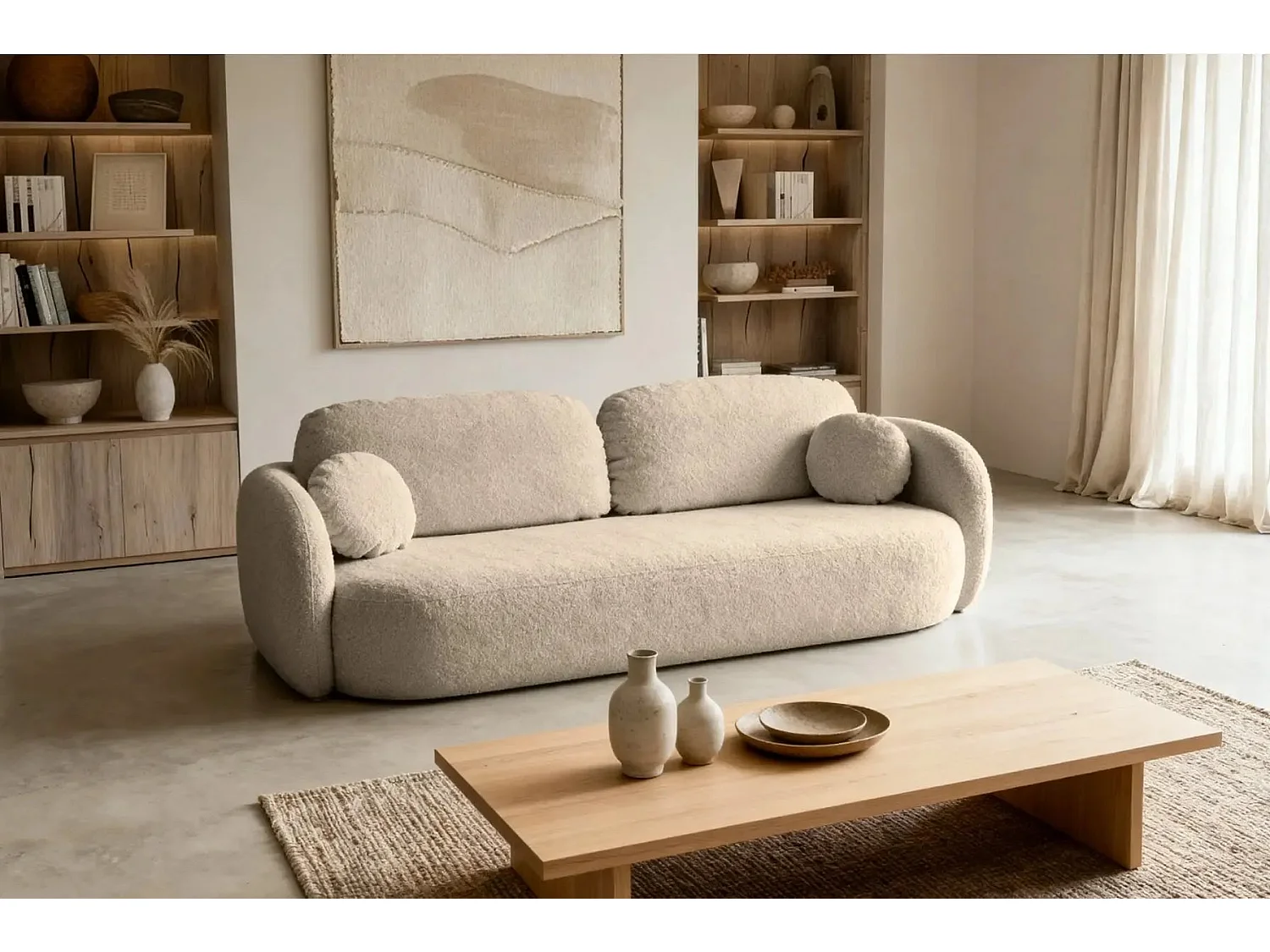 SANTIAGO - Canapé droit tissu bouclette 3 places - Taupe