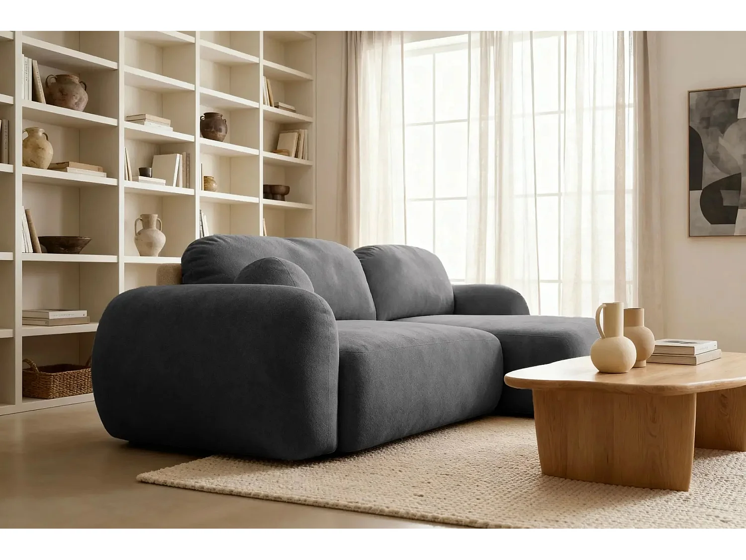 MARTIN - Canapé d'angle 3 places  tissu chenille - Gris Foncé - Droit