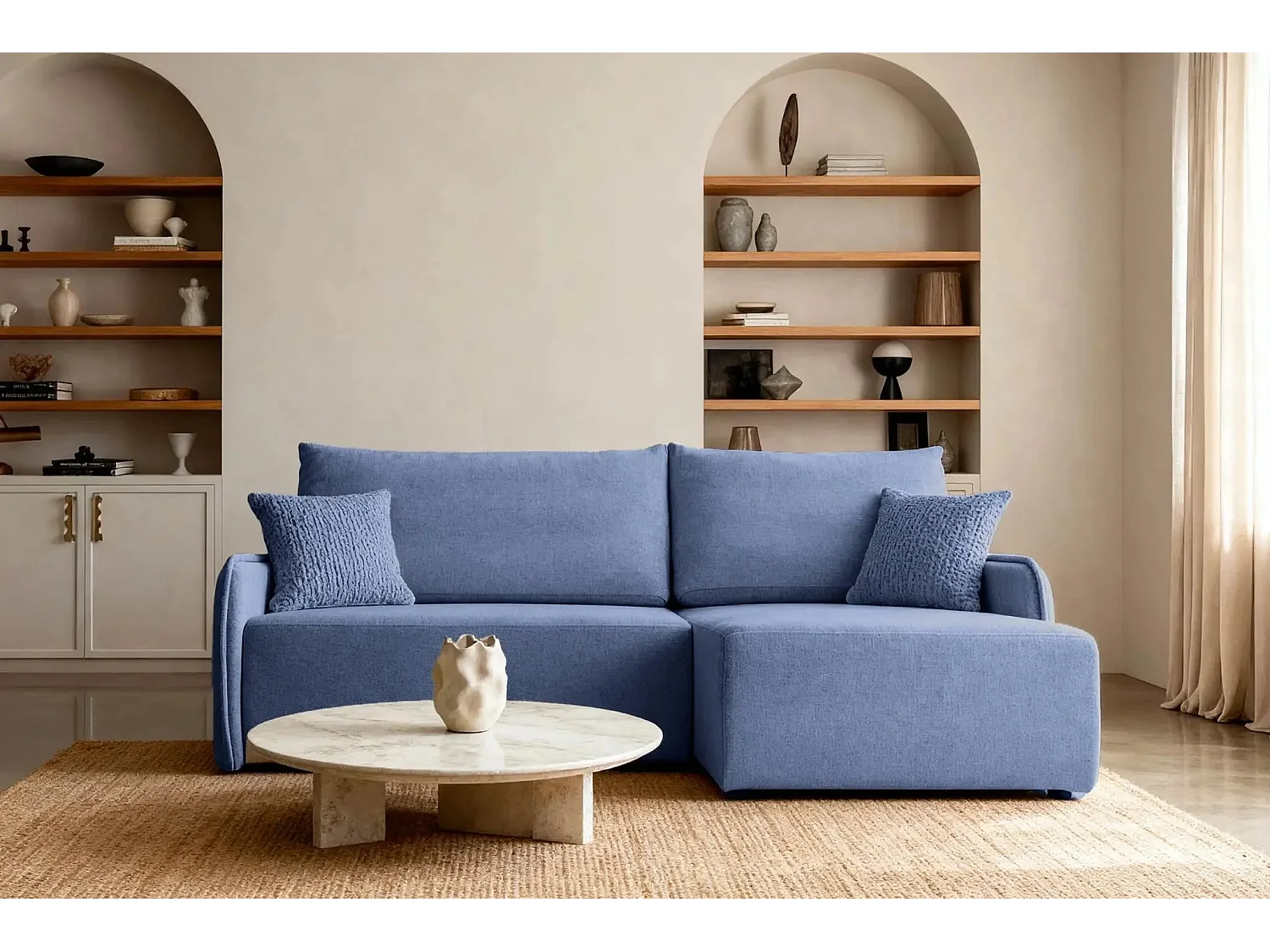 SACHA - Canapé d'angle tissu chiné 4 places - Bleu - Droit