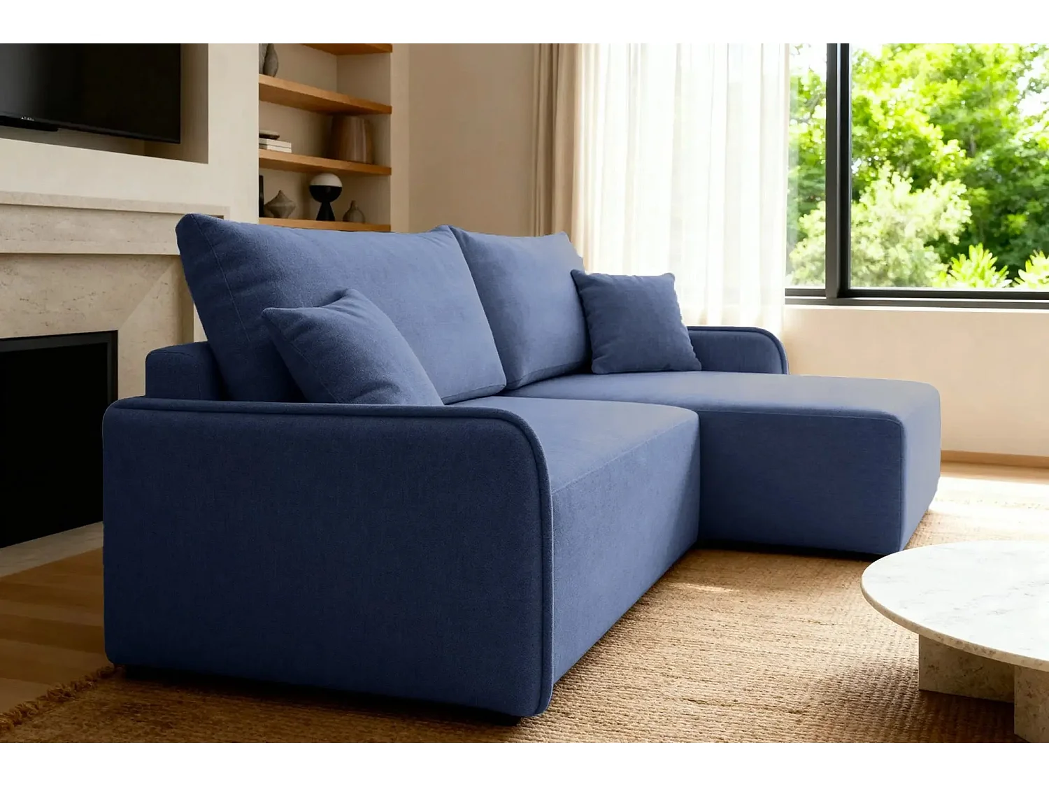 SACHA - Canapé d'angle tissu chiné 4 places - Bleu - Droit