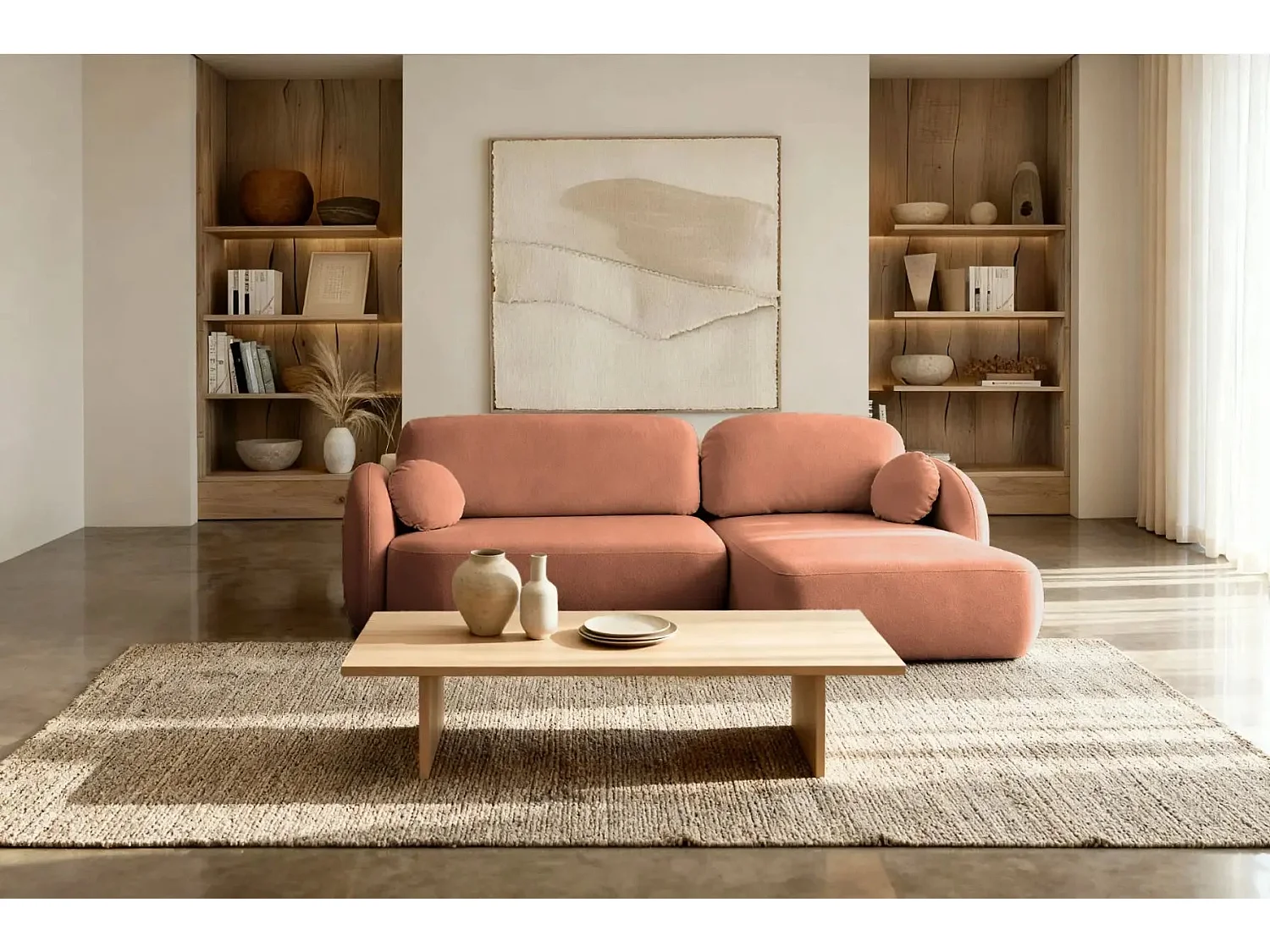 SANTIAGO - Canapé d'angle tissu bouclette - Terracotta - Droit