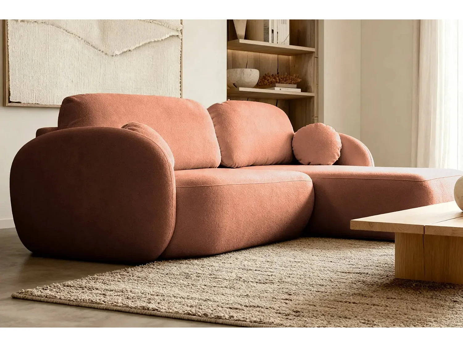 SANTIAGO - Canapé d'angle tissu bouclette - Terracotta - Droit