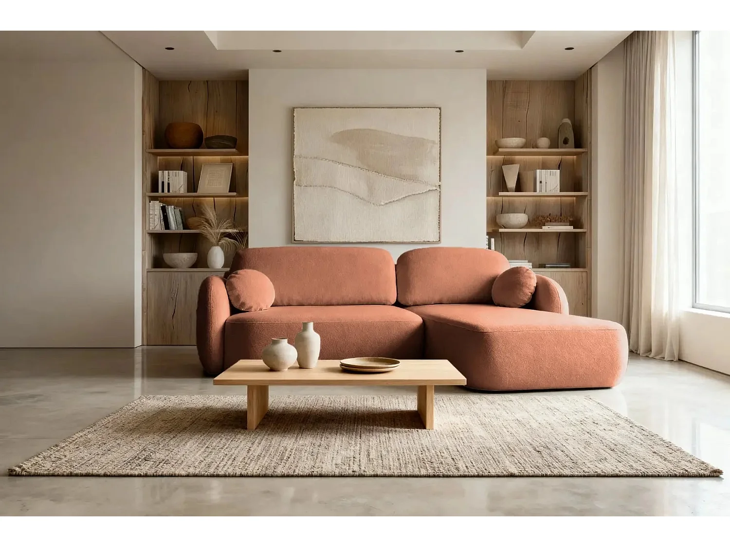 SANTIAGO - Canapé d'angle tissu bouclette - Terracotta - Droit