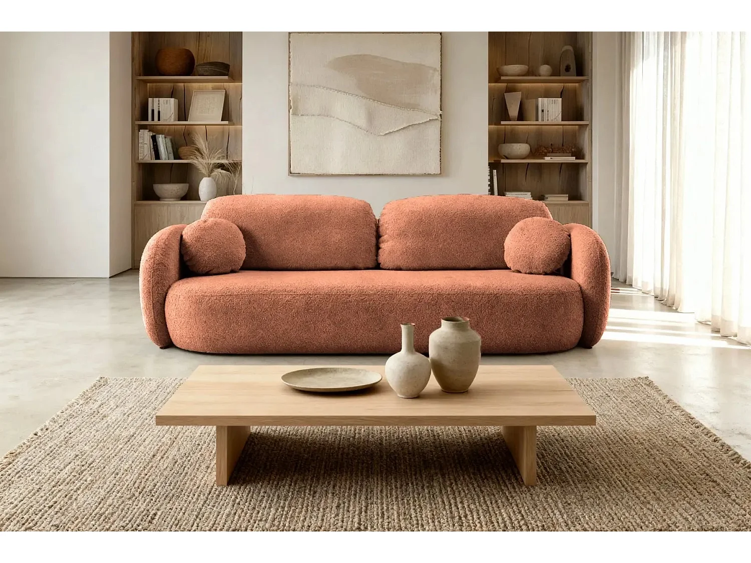 SANTIAGO - Canapé droit tissu bouclette - Terracotta